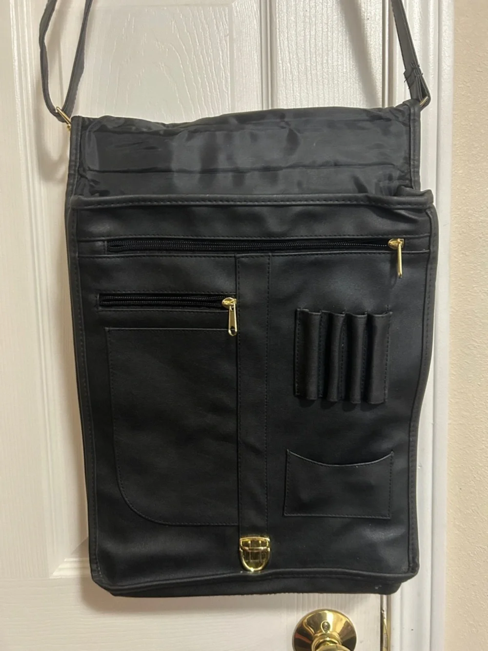 Black Leather Briefcase Bag with Gold Hardware